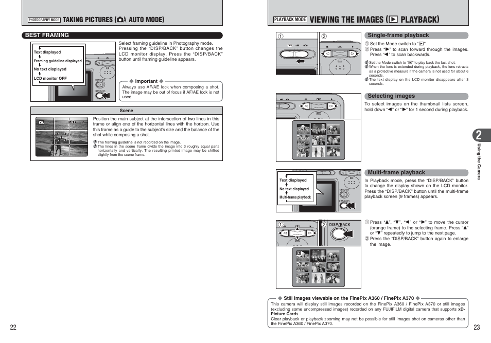 Viewing the images ( w playback), Taking pictures ( a auto mode) | FujiFilm FinePix A370 User Manual | Page 12 / 49