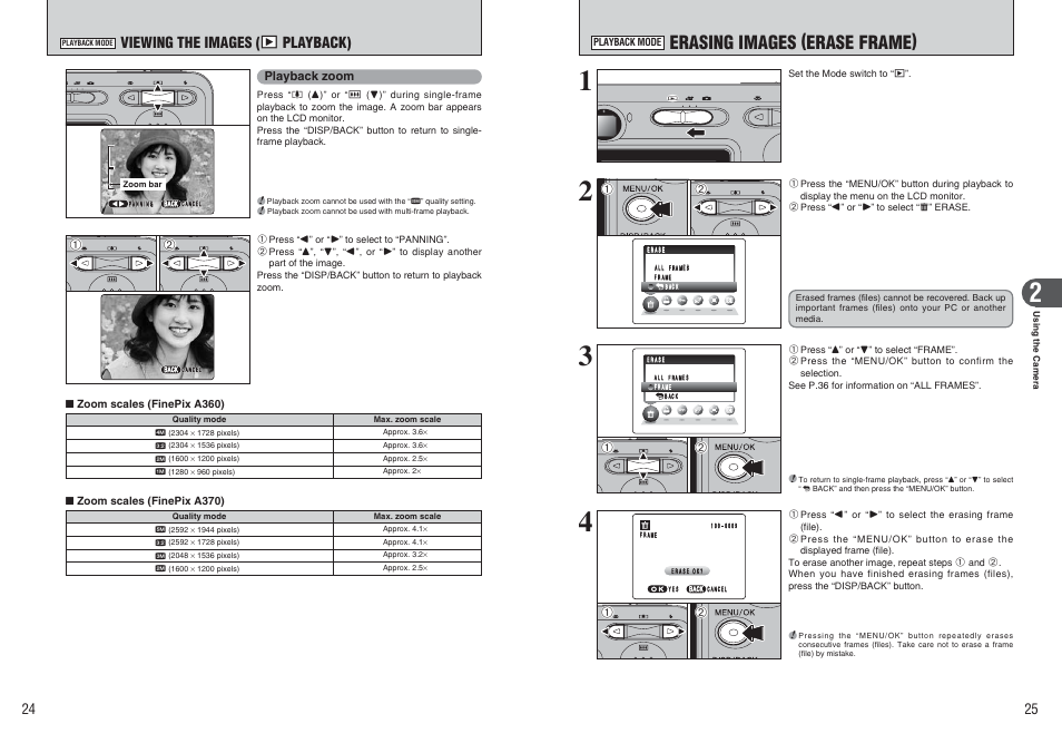 Erasing images (erase frame), Viewing the images ( w playback) | FujiFilm FinePix A370 User Manual | Page 13 / 49