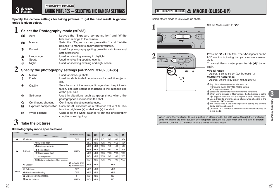 E macro (close-up), Taking pictures — selecting the camera settings | FujiFilm FinePix A370 User Manual | Page 14 / 49