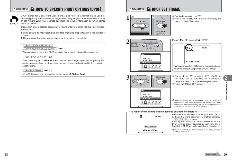 U how to specify print options (dpof), U dpof set frame | FujiFilm FinePix A370 User Manual | Page 20 / 49