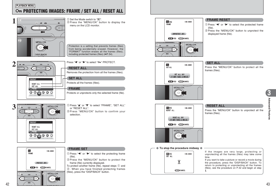 I protecting images: frame / set all / reset all | FujiFilm FinePix A370 User Manual | Page 22 / 49