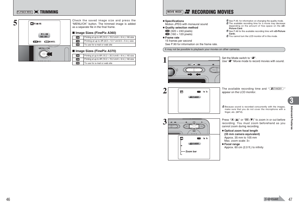 R recording movies, Y trimming | FujiFilm FinePix A370 User Manual | Page 24 / 49