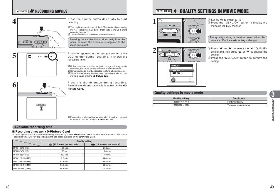 Y quality settings in movie mode, R recording movies | FujiFilm FinePix A370 User Manual | Page 25 / 49