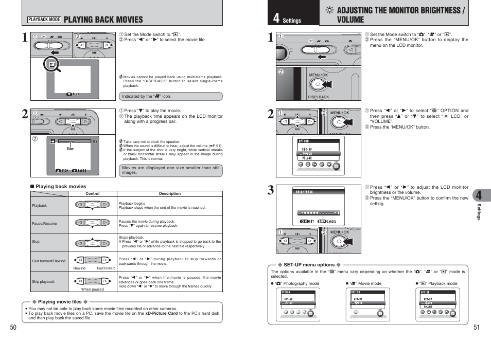 Playing back movies, FI adjusting the monitor brightness / volume | FujiFilm FinePix A370 User Manual | Page 26 / 49