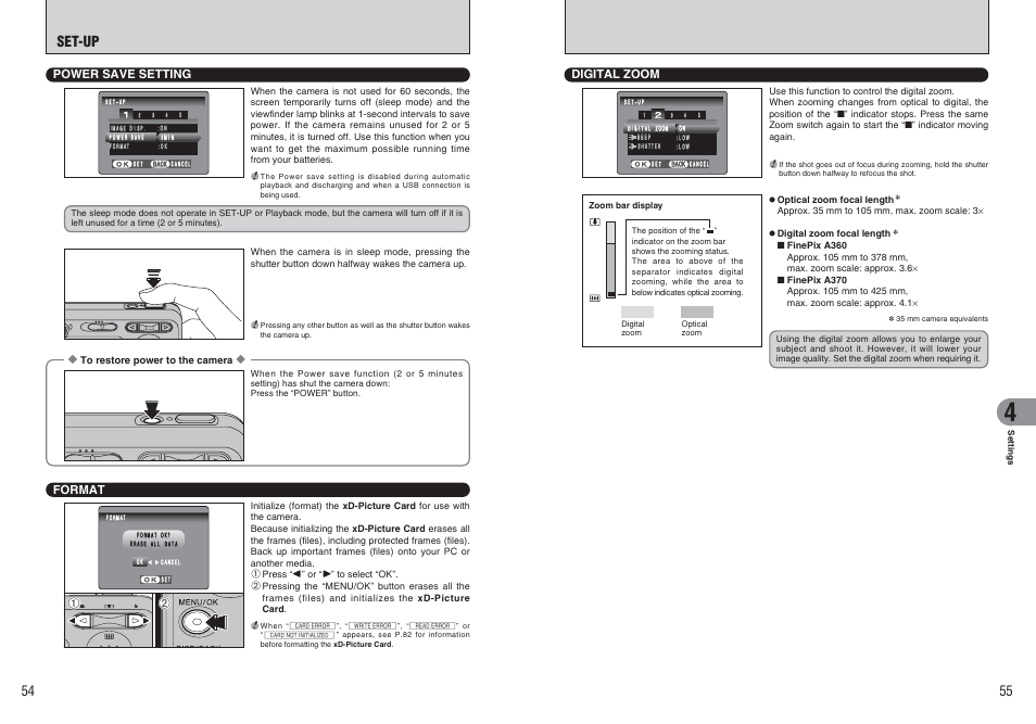 Set-up, Power save setting format, Digital zoom | FujiFilm FinePix A370 User Manual | Page 28 / 49