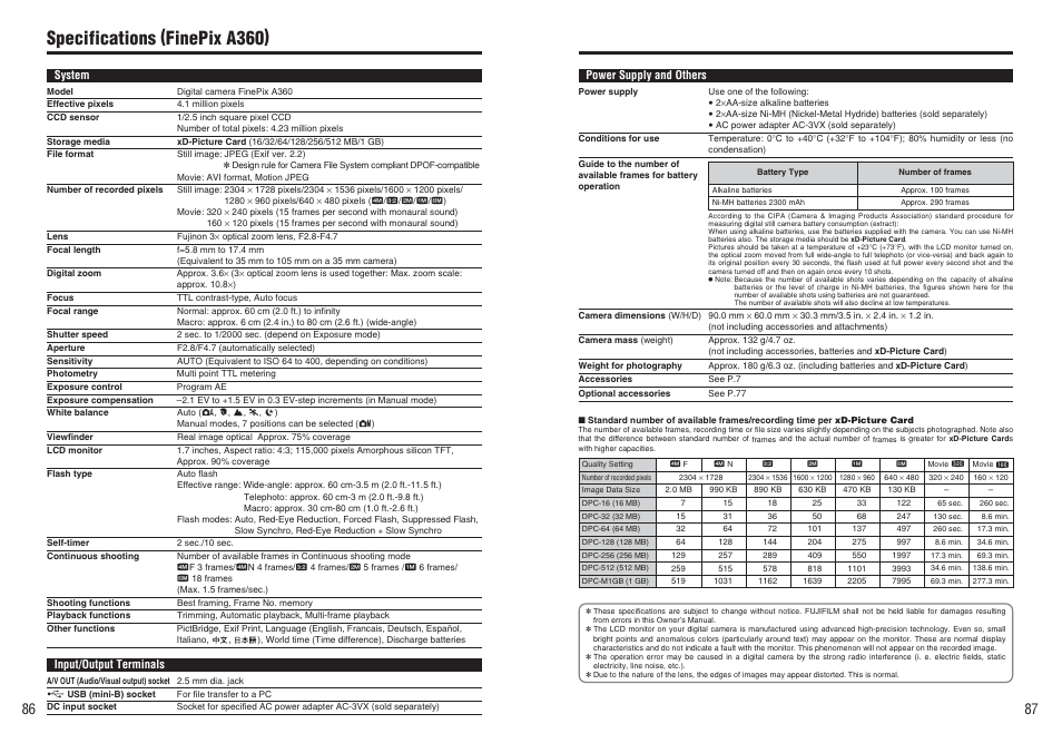 Specifications (finepix a360) | FujiFilm FinePix A370 User Manual | Page 44 / 49