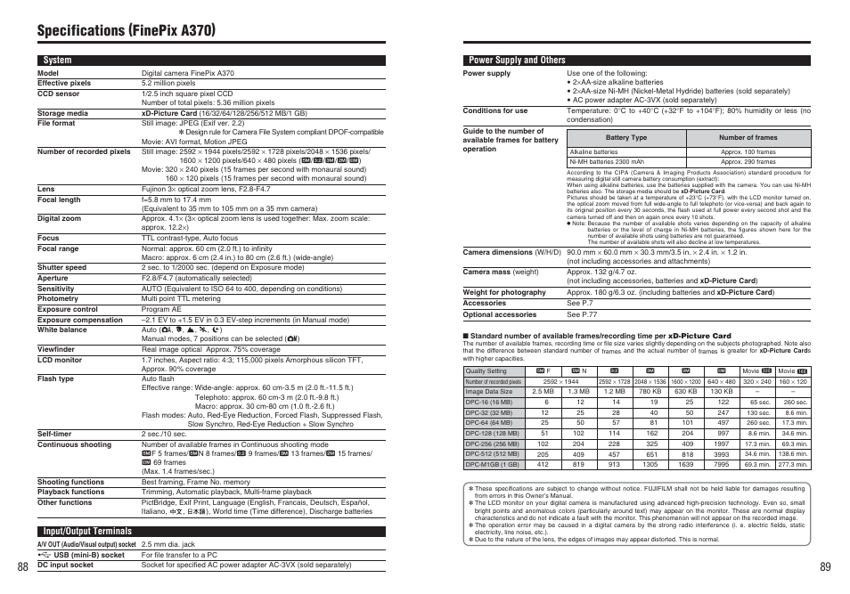 Specifications (finepix a370) | FujiFilm FinePix A370 User Manual | Page 45 / 49