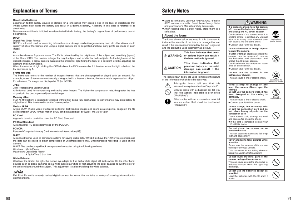 Explanation of terms, Warning | FujiFilm FinePix A370 User Manual | Page 46 / 49