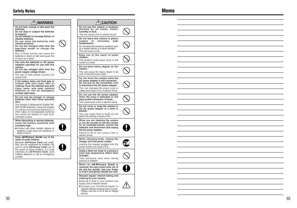 Caution, Warning | FujiFilm FinePix A370 User Manual | Page 47 / 49