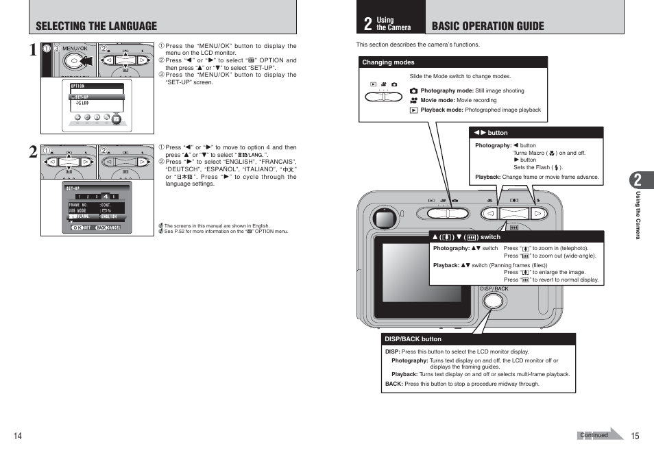 Selecting the language, Basic operation guide | FujiFilm FinePix A370 User Manual | Page 8 / 49