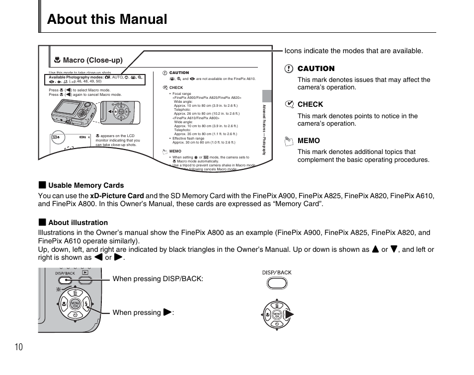 About this manual, E macro (close-up), Check | When pressing q: when pressing disp/back | FujiFilm FinePix A900 User Manual | Page 10 / 164