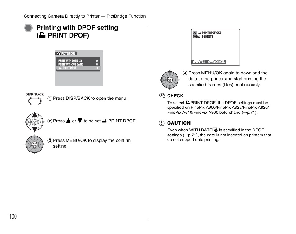 Printing with dpof setting ( u print dpof) | FujiFilm FinePix A900 User Manual | Page 100 / 164