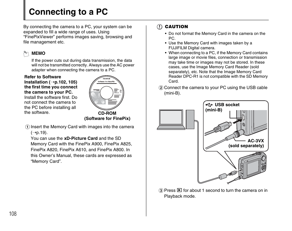 Connecting to a pc | FujiFilm FinePix A900 User Manual | Page 108 / 164