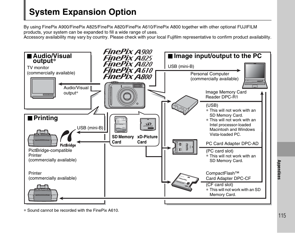 System expansion option, Audio/visual, Output | Printing, Image input/output to the pc | FujiFilm FinePix A900 User Manual | Page 115 / 164