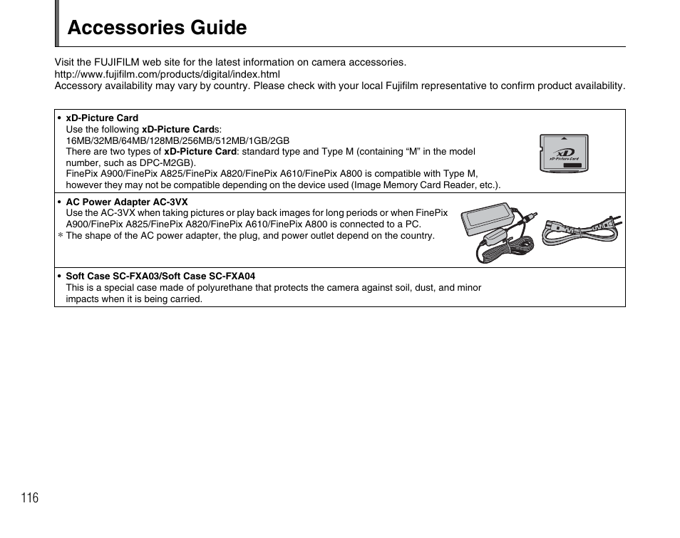 Accessories guide | FujiFilm FinePix A900 User Manual | Page 116 / 164