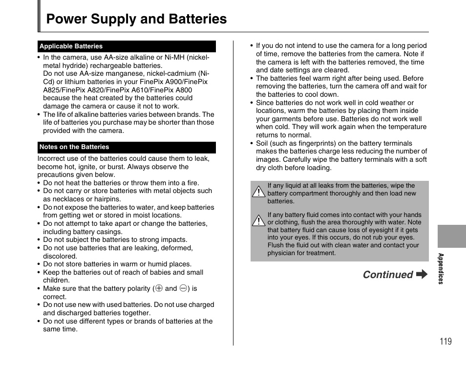 Power supply and batteries, Continued q | FujiFilm FinePix A900 User Manual | Page 119 / 164