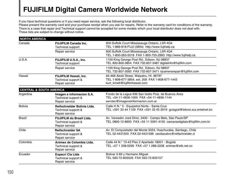 Fujifilm digital camera worldwide network | FujiFilm FinePix A900 User Manual | Page 150 / 164