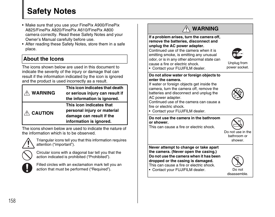 About the icons, Warning | FujiFilm FinePix A900 User Manual | Page 158 / 164