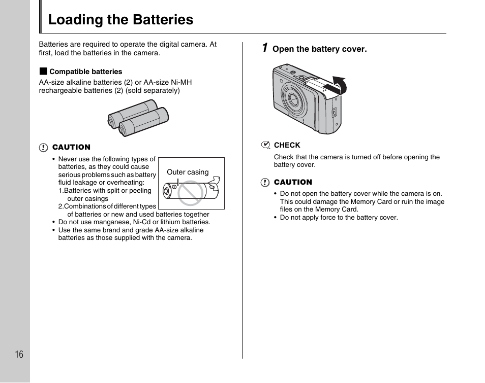 Loading the batteries | FujiFilm FinePix A900 User Manual | Page 16 / 164