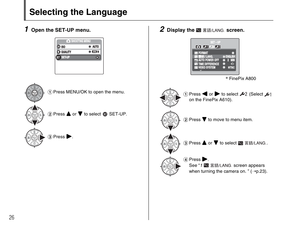 Selecting the language | FujiFilm FinePix A900 User Manual | Page 26 / 164