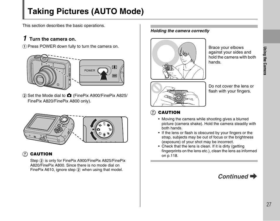 Taking pictures (auto mode), Continued q | FujiFilm FinePix A900 User Manual | Page 27 / 164