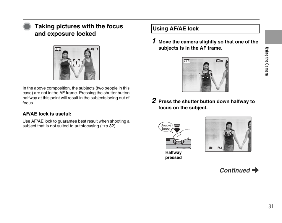 Taking pictures with the focus and exposure locked, Continued q, Using af/ae lock | FujiFilm FinePix A900 User Manual | Page 31 / 164