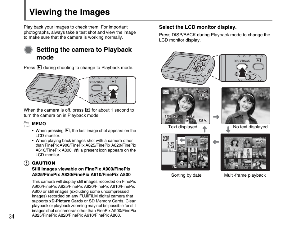 Viewing the images, Setting the camera to playback mode, Select the lcd monitor display | FujiFilm FinePix A900 User Manual | Page 34 / 164