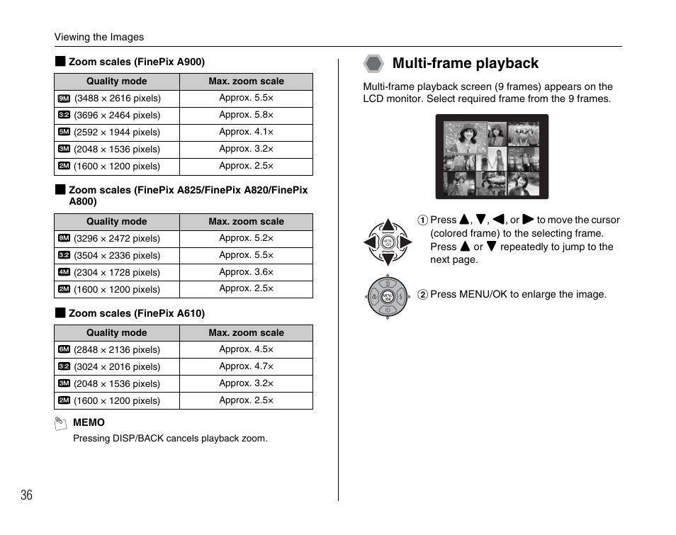 Multi-frame playback | FujiFilm FinePix A900 User Manual | Page 36 / 164