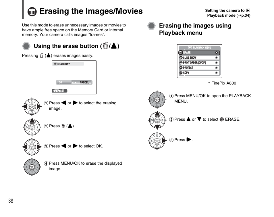 Erasing the images/movies, Using the erase button ( / n ), Erasing the images using playback menu | FujiFilm FinePix A900 User Manual | Page 38 / 164