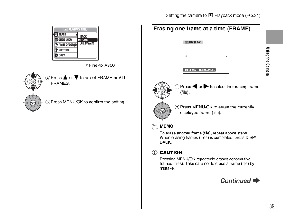 Continued q, Erasing one frame at a time (frame) | FujiFilm FinePix A900 User Manual | Page 39 / 164