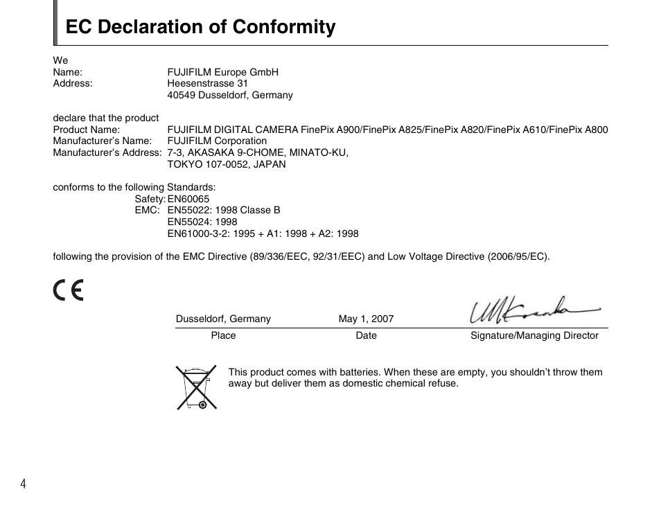 Ec declaration of conformity | FujiFilm FinePix A900 User Manual | Page 4 / 164