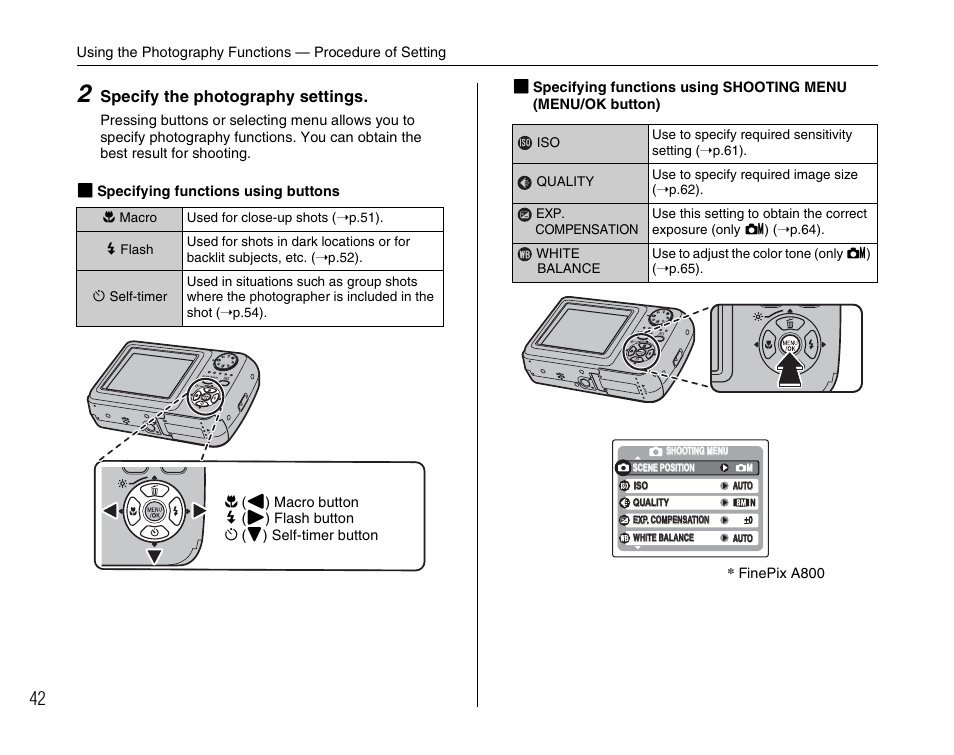 Specify the photography settings | FujiFilm FinePix A900 User Manual | Page 42 / 164