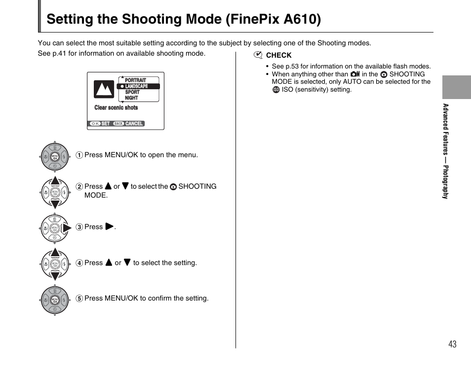 Setting the shooting mode (finepix a610) | FujiFilm FinePix A900 User Manual | Page 43 / 164