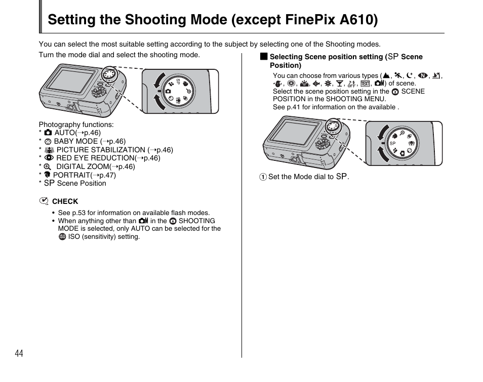 Setting the shooting mode (except finepix a610) | FujiFilm FinePix A900 User Manual | Page 44 / 164