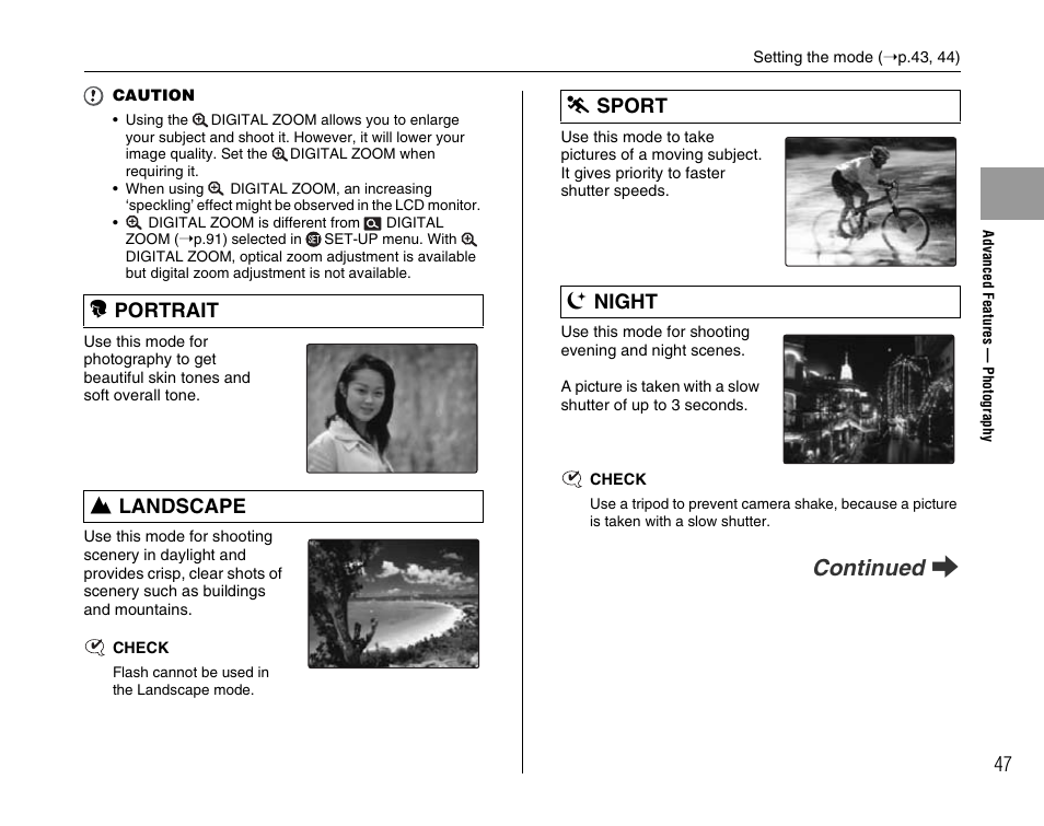 Continued q, M portrait , landscape . sport 8 night | FujiFilm FinePix A900 User Manual | Page 47 / 164