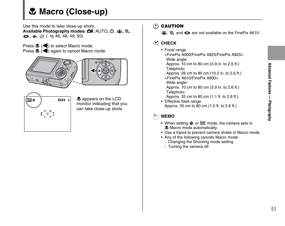 E macro (close-up) | FujiFilm FinePix A900 User Manual | Page 51 / 164