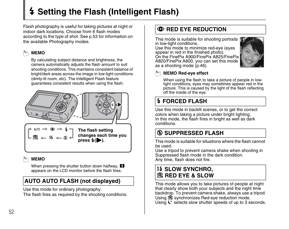 D setting the flash (intelligent flash) | FujiFilm FinePix A900 User Manual | Page 52 / 164