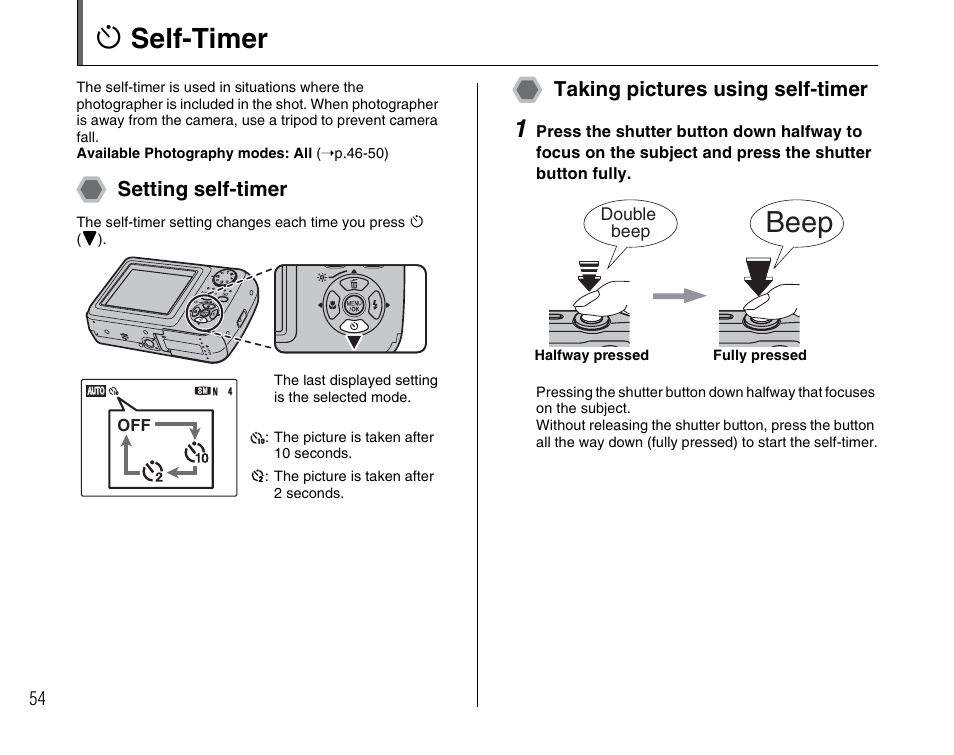 Beep, Self-timer, Setting self-timer | Taking pictures using self-timer | FujiFilm FinePix A900 User Manual | Page 54 / 164