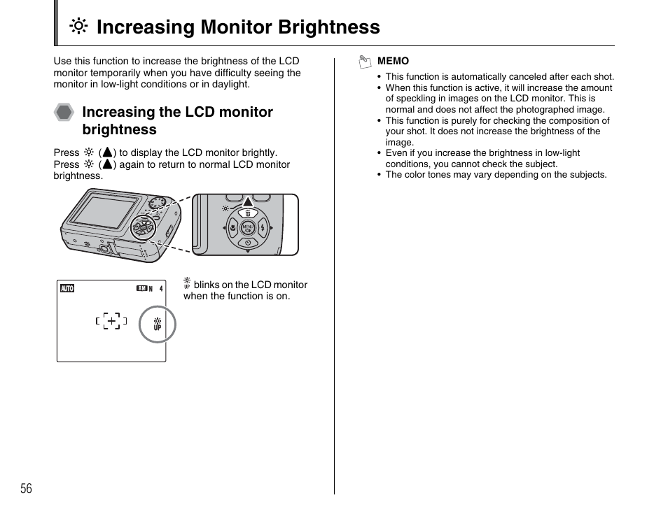 J increasing monitor brightness, Increasing the lcd monitor brightness | FujiFilm FinePix A900 User Manual | Page 56 / 164