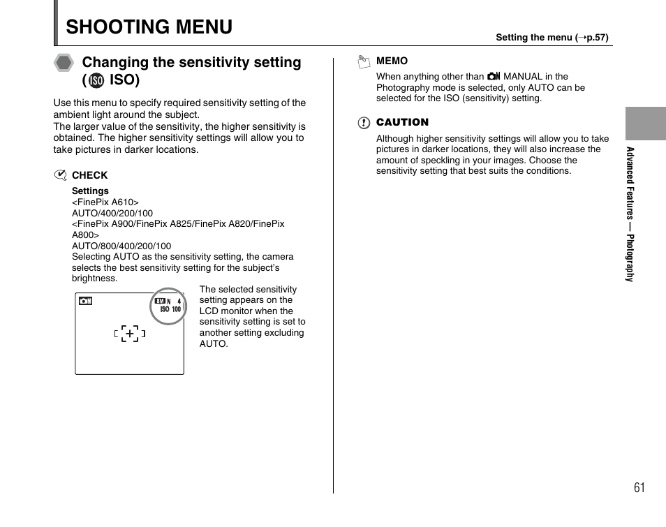 Shooting menu, Changing the sensitivity setting ( iso) | FujiFilm FinePix A900 User Manual | Page 61 / 164