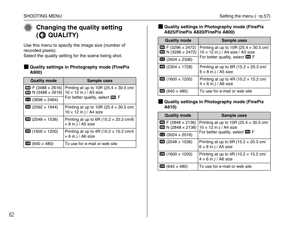 Changing the quality setting ( quality) | FujiFilm FinePix A900 User Manual | Page 62 / 164