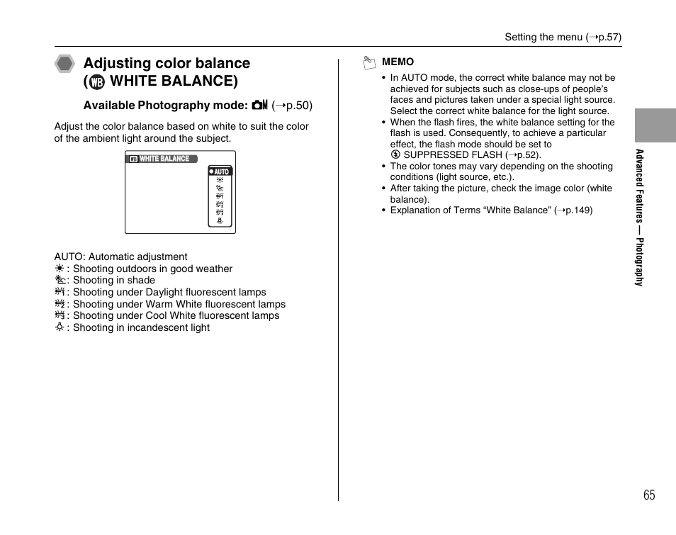 Adjusting color balance ( white balance) | FujiFilm FinePix A900 User Manual | Page 65 / 164