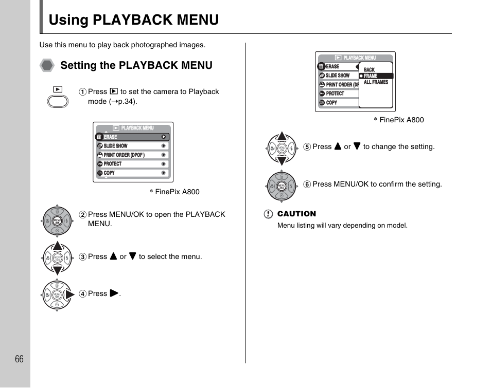 Using playback menu, Setting the playback menu | FujiFilm FinePix A900 User Manual | Page 66 / 164