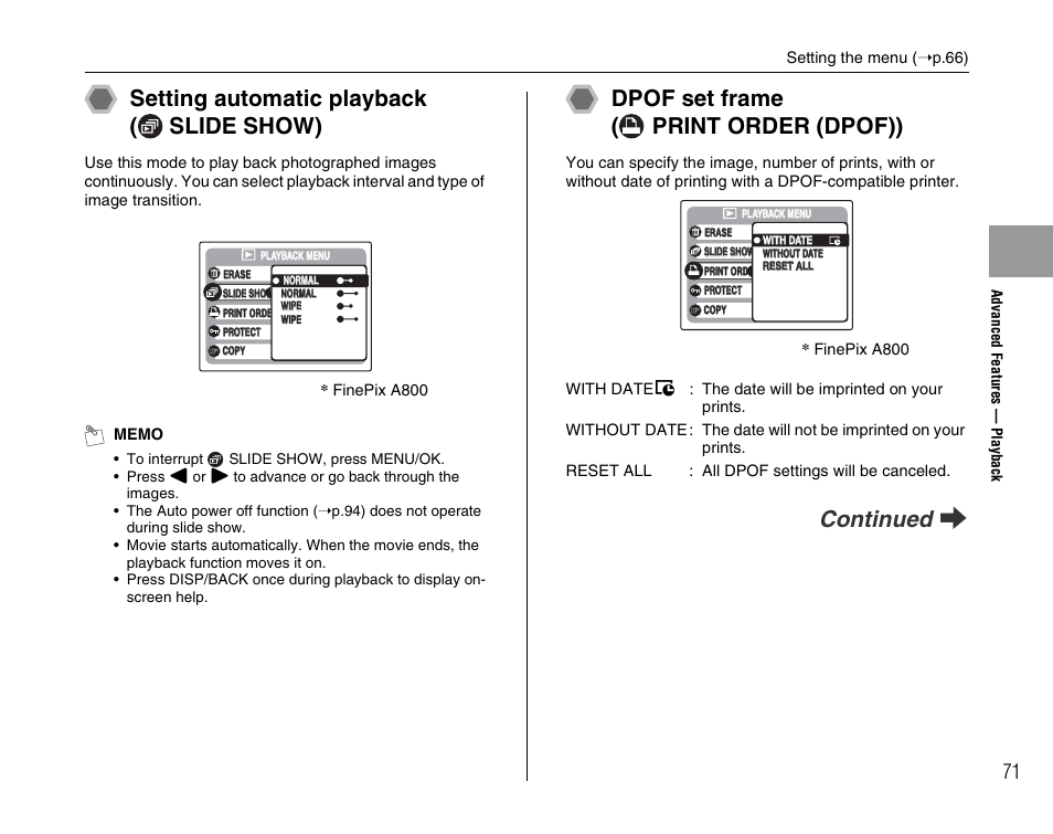 Setting automatic playback ( slide show), Dpof set frame ( print order (dpof)), Continued q | FujiFilm FinePix A900 User Manual | Page 71 / 164