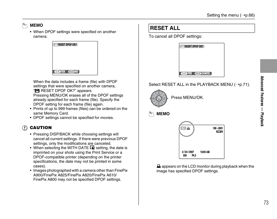 Reset all | FujiFilm FinePix A900 User Manual | Page 73 / 164