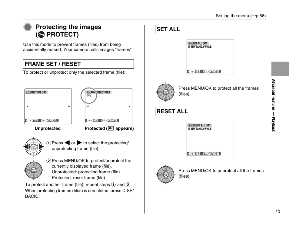 Protecting the images ( protect), Frame set / reset, Set all | Reset all | FujiFilm FinePix A900 User Manual | Page 75 / 164