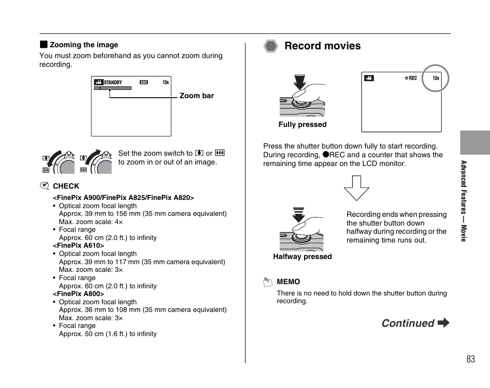 Record movies, Continued q | FujiFilm FinePix A900 User Manual | Page 83 / 164