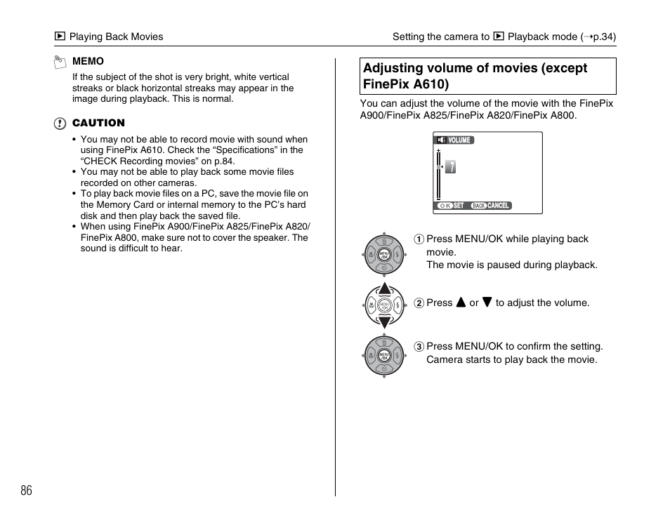 Adjusting volume of movies (except finepix a610) | FujiFilm FinePix A900 User Manual | Page 86 / 164