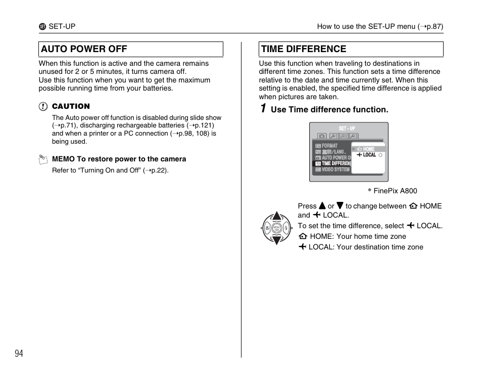 Auto power off time difference | FujiFilm FinePix A900 User Manual | Page 94 / 164