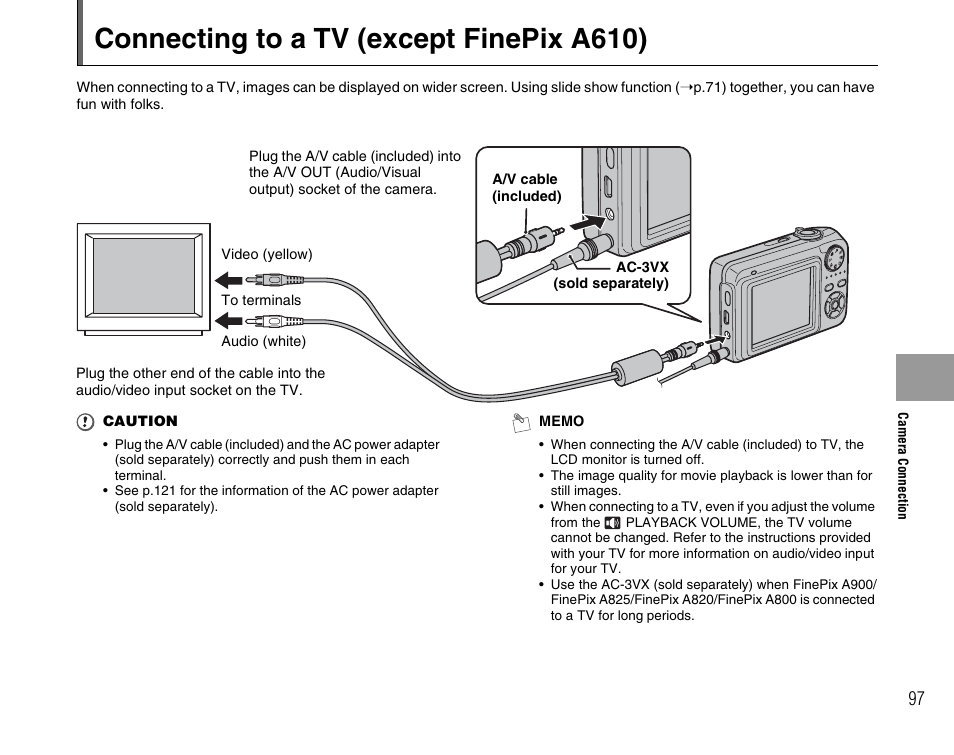 Connecting to a tv (except finepix a610) | FujiFilm FinePix A900 User Manual | Page 97 / 164